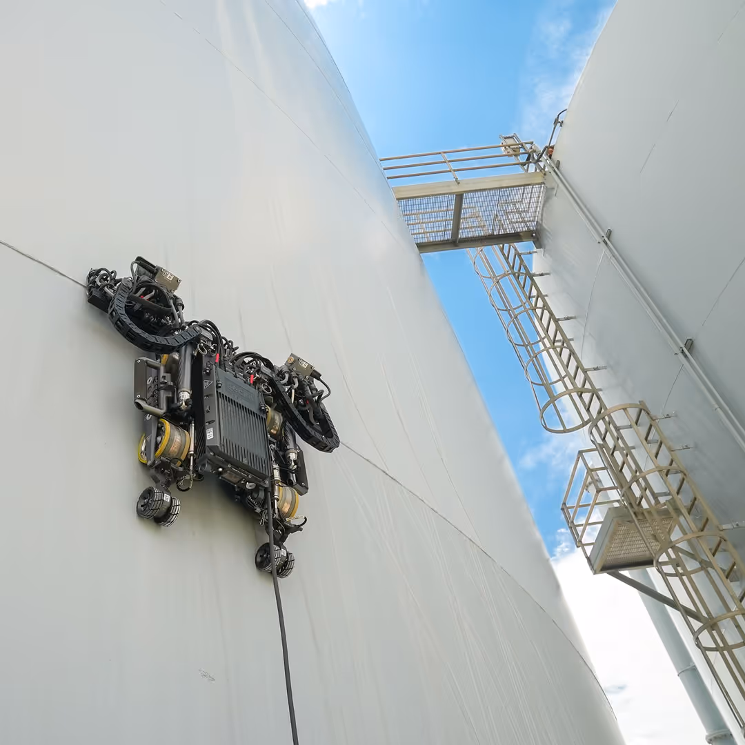 Gecko wall-climbing inspection robot attached to a storage tank